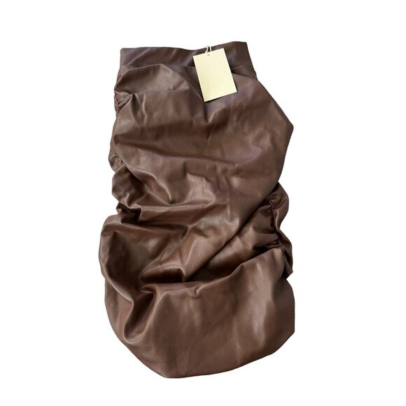 Meshki Ruched Bodycon Naomi Mini Skirt Size XS Chocolate Brown Faux Leather - Picture 3 of 15